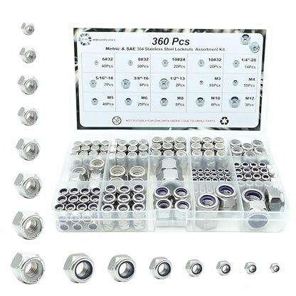 360 Pcs SAE & Metric Lock Nuts Kit, M3-M12 & #6-1/2 Hardware Nuts - size: SAE & Metric 360 Kit (#6 To 1/2, M3 to M12)