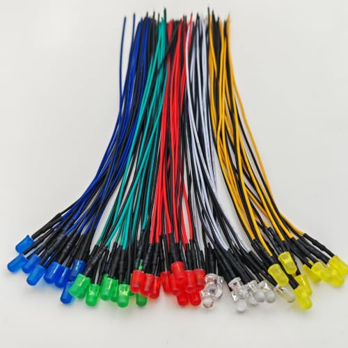 Gebildet 50pcs 5mm Red, Yellow, Green, Blue, White LED Lights, 12VDC Prewired 7.8 Inch V LED Light Diffused Lens - color: Mix color-5mm-12V