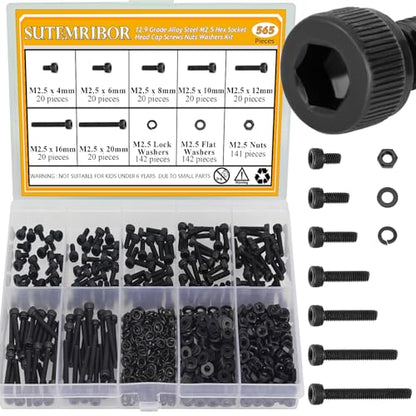 565 Pieces M2.5 Screws Nuts Washers Set Black, Sutemribor M2.5 x 4/6/8/10/12/16/20mm Hex Socket Head Cap Screws Nuts Washers Assortment Kit, 12.9 Grade Alloy Steel, Fully Threaded - size: M2.5, style: Socket Head
