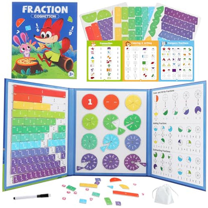 Magnetic Fraction Playbook & Fraction Manipulatives Set, Montessori Magnetic Fraction Book for Kids Grades K-3, Math Manipulatives with Fraction Tiles and Circles, Educational Fraction Games & Puzzle - color: A