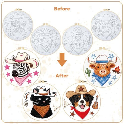BEUNITONE 4 Set Embroidery Kit for Beginners, Animal Cowboy Patterns Cross Stitch Kits, Needlepoint Kits for Adults with Hoop, Cute Hand Embroidery Patterns for Cloth and Home Decor - style: A-Cowboy Animals
