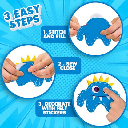 Monster Craft Sewing Kit for Kids - Sewing Craft Kit with 12 Monster Characters, 6 Child-Friendly Needles, 7 Thread Bundles, 1 Bag of Stuffing, and Scissors - Sewing Craft Ages 5 6 7 8 9 10+