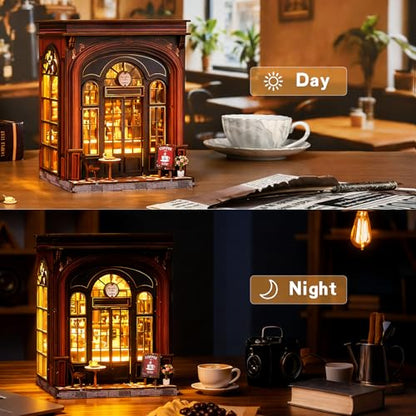 DIY Book Nook Kit, 3D Wooden Puzzle Miniature House with LED Light, Dollhouse Bookshelf Insert, Tiny House Model Building Kit, Unique Creative Gift for Adults and Teens (Warmglow Coffee) - style: Warmglow Coffee