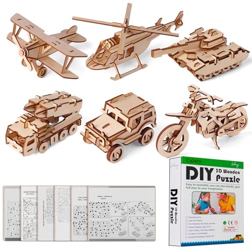 calary 3D Wooden Puzzle Simulation Animal Dinosaur Assembly DIY Model Toy for Kids and Adults,Set of 6 - style: B- Miliatary Vehicles