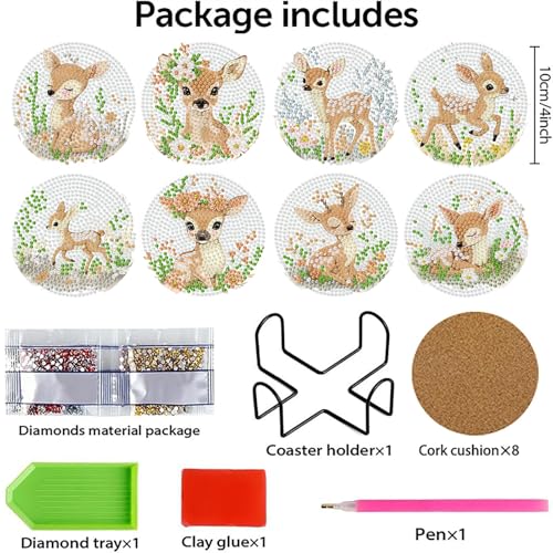 8 Pcs Deer Animals Diamond Art Coasters with Holder Cork Pads - color: Deer Diamond Art Coasters