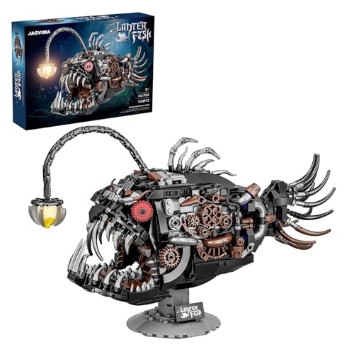 Mechanical Angler Fish Building Blocks Set – 1038PCS Steampunk Deep Sea Creature Model, Ocean Animal STEM Kit for Adults, 3D Collection Puzzle with LED Lantern & Movable Jaw