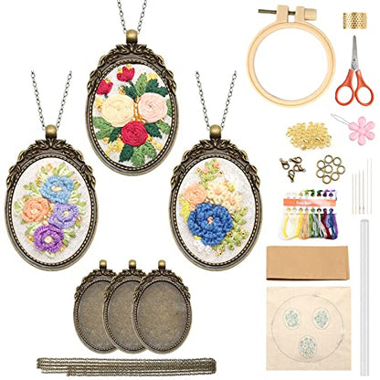 ZOCONE 3 Packs Embroidery Necklace Kit, Embroidery Pendant Kits Mini Cross Stitch Kit with Hoop, Necklace, Pendant, Beads, Stamped Pattern Cloth, Instructions, etc., Embroidery Kits for Adults - color: Gold Beads-G