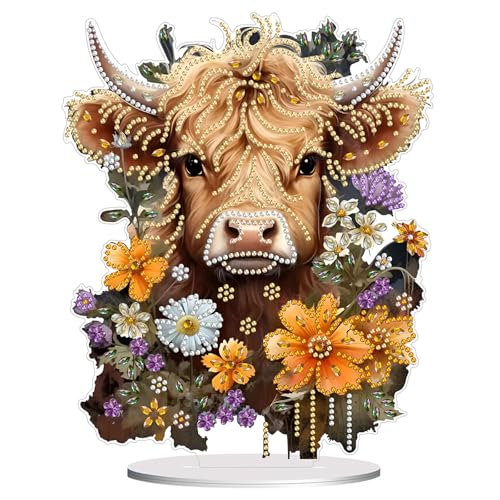 Diamond Painting Kits for Adults Beginners, 5D Full Drill Highland Cattle Crystal Art Desktop Ornament, DIY Single Sided Home Office Desk Decor, Creative Craft Gift Set with Tools - color: Cattle