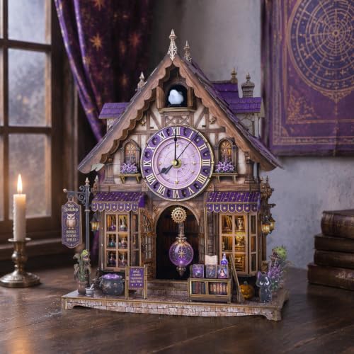 3D Wooden Puzzles for Adult,DIY Cuckoo Clock Kit(Magic Bookstore) - color: Halloween Clock