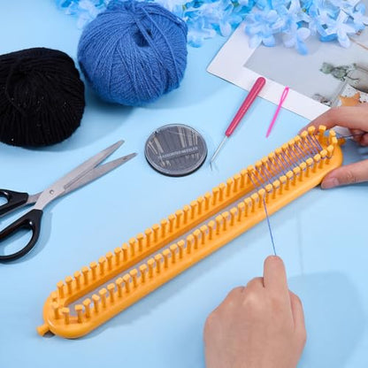 Hobbspring Knitting Loom Set Rectangular Knitting Board Loom 13.9x2in Plastic Darning Needle Crochet Yellow Scarf Looms Long Hats Shawl Making Tool DIY Yarn Weaving Kits for Women Adults Beginners