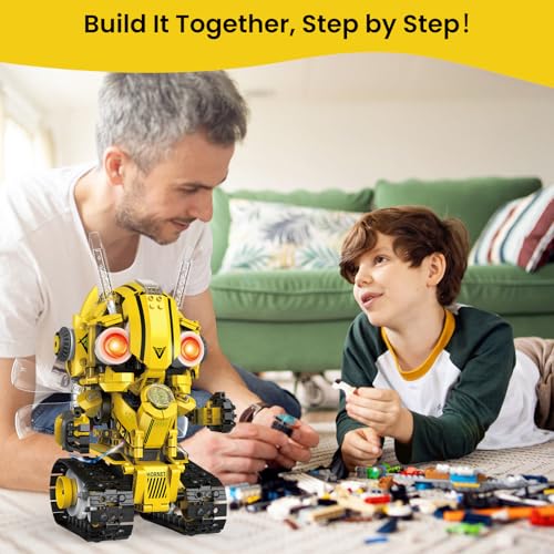 HPROMOT 5-in-1 STEM Robot Building Kit for Kids Ages 8-16, Remote & App Controlled, Rechargeable Engineering Learning DIY Coding Toy, Educational Building Blocks Gift for Girls & Boys (673 PCS) - color: Yellow