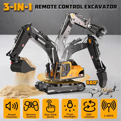 Remote Control Excavator and Dump Truck Toy Set for Kids, 2.4GHz RC Construction Vehicles with Light, Sound Effects, Metal Bucket, Claw and Drill Attachments, Engineering Truck Toys for Boys and Girls