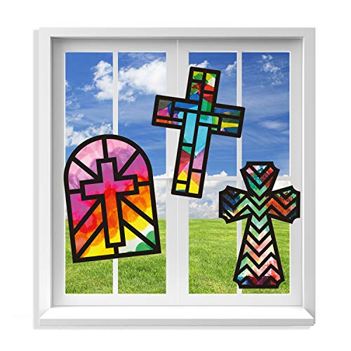 VHALE Suncatchers Craft 3 Sets (9 Cutouts) w Tissue Papers Stained Glass Effect Paper Sun Catcher Kit, Window Art, Classroom Crafts, Creative Art Projects, Kids Party Favors (Cross) - style: Cross