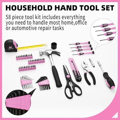 58-Piece Household Tool Set for Women with Plastic Toolbox, Pink - color: Pink, size: 58-Piece