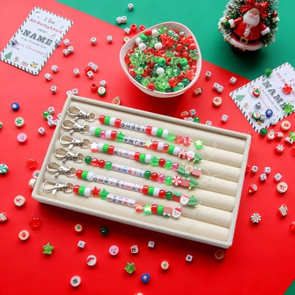 Tuhangcc 823 Pcs DIY Keychain Making Kit，Adjustable Letter Alphabet Beads Strings,Keychain Christmas Colors Pony Beads, 16 Charm Cards with Lobster Clasps & Strings for Christmas Favors - color: Christmas