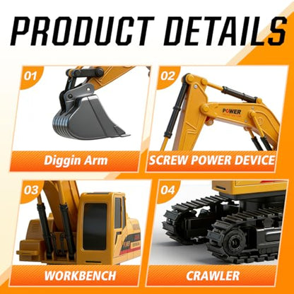 RC Excavator Toy, 6-Channel Remote Control Excavator with Metal Shovel & Lights, 360° Rotation Mini Excavator, RC Construction Vehicles Digger Toy for Boys 3-8