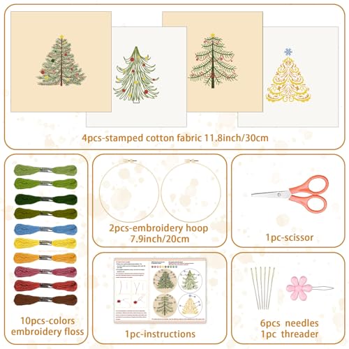 BEUNITONE 4PCS Christmas Tree Embroidery Kit Merry Christmas Stamped Snowflake Pine Tree Needlepoint Kit DIY Adult Beginner Stamped Cross Stitch Kit with Patterns and Instructions - color: 05-Christmas Tree