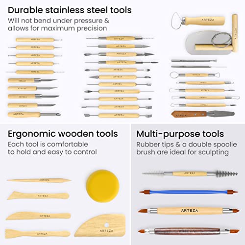 Arteza Pottery & Polymer Clay Tools, 42-Piece Sculpting Set, Steel Tip Tools with Wooden Handles, for Pottery Modeling, Smoothing, Carving & Ceramics - size: Set of 42