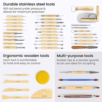 Arteza Pottery & Polymer Clay Tools, 42-Piece Sculpting Set, Steel Tip Tools with Wooden Handles, for Pottery Modeling, Smoothing, Carving & Ceramics - size: Set of 42