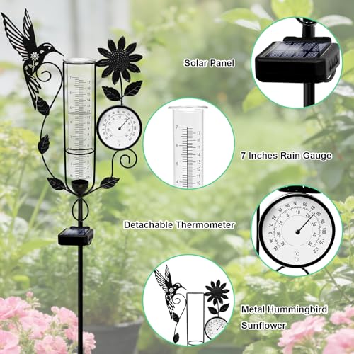 Metal Hummingbird Solar Rain Gauge Outdoor with LED Light and Thermometer - color: Hummingbird