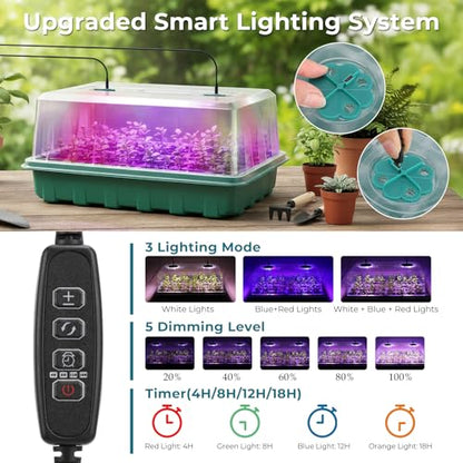 Hanaoyo 96 Cells Seed Starter Tray with Lights, 2 Packs Seed Starter Kit with Humidity Vented Domes and High Lid, Adjustable Brightness Germination Kit for Indoor Greenhouse Seed Starter - size: 2 Pack With Light