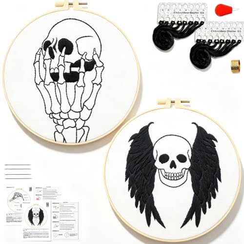 Skull Halloween Embroidery Kits for Beginners Adults, Gothic Embroidery Sets Needlepoint Kits, Halloween Stamped Cross Stitch Kits for Beginners Adults, 2 Embroidery Hoops (Attached Video Tutorial) - color: Halloween-1, size: 8inch