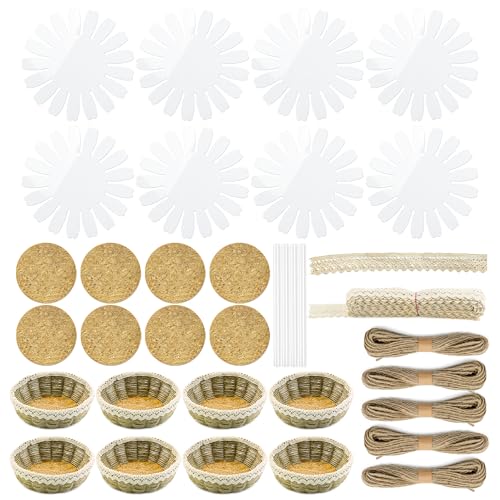 AOUXSEEM 8 Sets Basket Weaving Craft Kit for Beginners,DIY Burlap Style Desk Storage Small Parts Candy Cookies Bowls,8 inches Plastic Base and 109yd Jute Twine and Cork Linings & Lace
