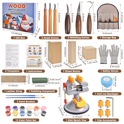 Wood Carving Tools Kit - 40pcs Whittling Kit with Mini Bench Vise, 6pcs Knives, 7pcs Blocks, 12 Colors of Paint, 6 Template, Gloves, Manual, Complete Woodworking Set for Beginners, Whittling Gifts