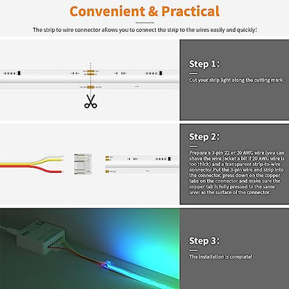 PAUTIX 12mm 3-Pin Connectors for RGB Smart IC COB LED Strip Lights,Solderless Terminal Connection Kit,Dual-End Extension,Strip to Male Plug,Gapless,Strip to Wire Connectors,24V 12V 5V LED Light Strips - size: Connector Kit