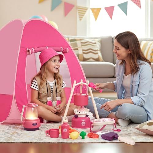 Meland Camping Play Set for Kids 3-6, Pretend Adventure Toy Gift - color: Pink