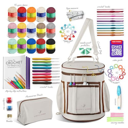 Crochet Kit for Beginners Adults and Kids - Beginner Crochet Kit for Adults with Step-by-Step Video Tutorials, Amigurumi and Crocheting Kit, Crochet Starter Kit with Soft Crochet Yarn and Crochet Bag - color: Warm Gray, style: Crochet Kit + Bag
