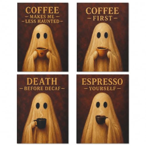 Emotional Uplifting Coffee Ghost Wall Art Set of 4, 10 x 14 in Halloween Coffee Bar Decor, Ghost Drinking Coffee Pictures for Kitchen, Cafe, Coffee Bar Sign - color: Halloween