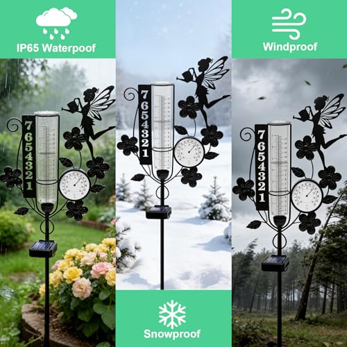 Metal Fairy Number Solar Rain Gauge Outdoor with LED Light and Thermometer - color: Fairy