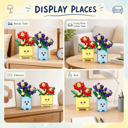 Botanicals Happy Plants Building Sets | 2 Cute Happy Plants Flowers Set, Succulents Botanical Collection for Home Office Décor, Gift for Women Wife Mom(222Pcs) - style: Yellow and Blue