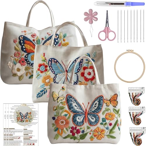 ARTopet 3Pcs Embroidery Tote Bag Kit for Beginners Butterfly Canvas Cross Stitch Handbag with Hoops Needles Threads Reusable Grocery Bag for Women - color: 3Pcs