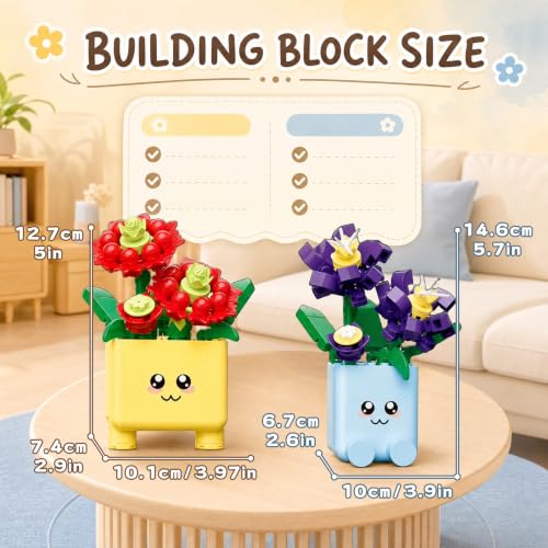 Botanicals Happy Plants Building Sets | 2 Cute Happy Plants Flowers Set, Succulents Botanical Collection for Home Office Décor, Gift for Women Wife Mom(222Pcs) - style: Yellow and Blue