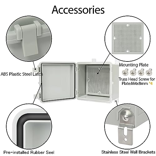 Junction Box IP65 Waterproof Electrical Box Outdoor ABS Plastic Project Box Hinged Shell Universal Enclosure Box with Mounting Plate, Wall Brackets, Cable Glands 5.2" x 5.2" x 3.3" - color: Grey, size: 5.2" x 5.2" x 3.3"