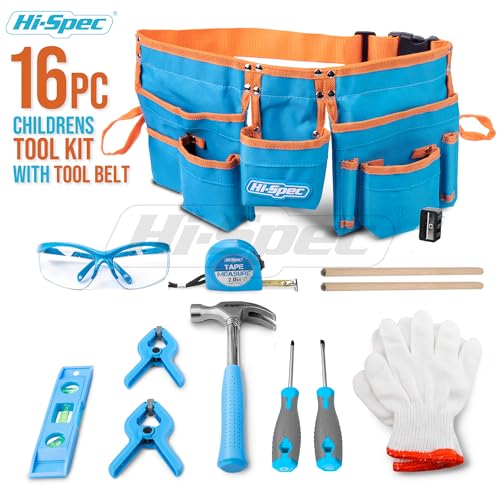 Hi-Spec Kids Tool Set with Tool Belt for Real Child-Sized STEM DIY, Blue - color: Blue, size: 16 Piece