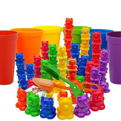 Skoolzy Rainbow Stacking Bears & Sorting Cups, 69 Pc Set, Storage Bag - style: Sort and Match, Rainbow Cups - 60pcs