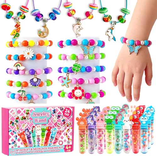 Kids Bracelet Necklace Making Kit, 24 Pack for Ages 4+, Girls Party Favors, Goodie Bag Stuffers, Kids Art Craft Activity