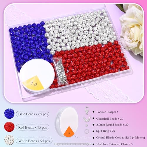 Dowarm 255PCS 10mm Rhinestone Beads for Baseball Rhinestone Necklace Bracelet Jewelry Making, Round Polymer Clay Beads for Crafts Beaded Pens, DIY Shamballa Pave Disco Diamond Bead, White|Red|Blue - color: 03-White | Red | Blue