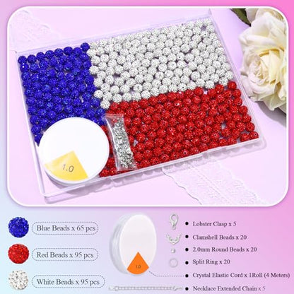 Dowarm 255PCS 10mm Rhinestone Beads for Baseball Rhinestone Necklace Bracelet Jewelry Making, Round Polymer Clay Beads for Crafts Beaded Pens, DIY Shamballa Pave Disco Diamond Bead, White|Red|Blue - color: 03-White | Red | Blue