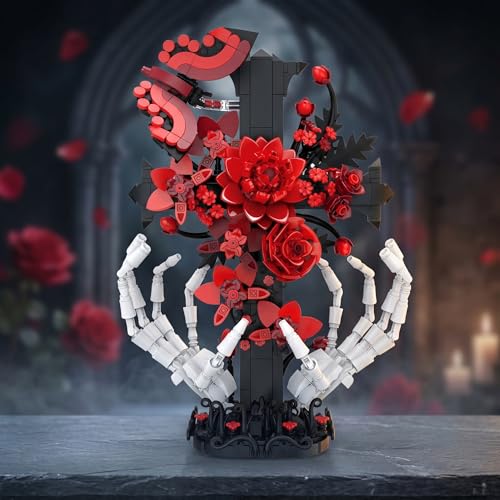 chanbrick Jesus Cross Building Set with Flower & Skull Hand for Adults, Gothic Crucifix Rose Skeleton Collectible Model for Women Home Art Decor, 800+ Pieces