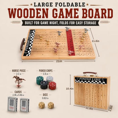 Horse Race Board Game Foldable Solid Wood Horse Racing Game - color: Large Folding Box-light Burnt