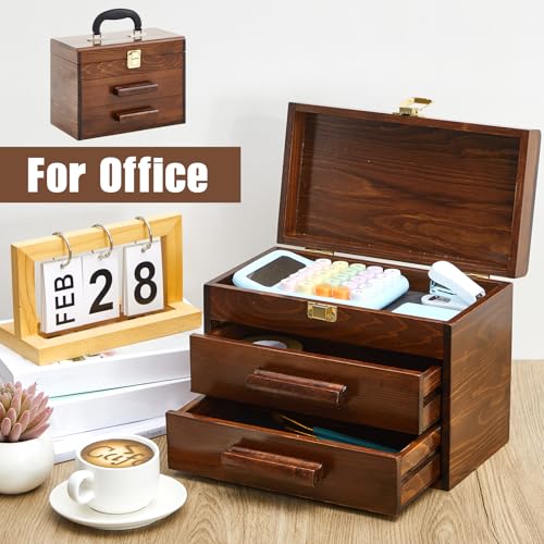 11 Inch Mini Wooden Tool Box with 2 Drawers and Top Storage, Wooden Color - size: 11 Inch