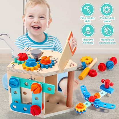 GAIETYDIY Montessori Toddler Tool Set - Wooden Kids Tools with Box/Bench - color: House