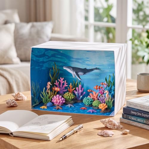 AmazingSpark 2 Set Ocean Diorama Box and Water Sticker Decor, Ocean Diorama Project Supplies Set, Cardboard Display Case Kit & Water Sticker with Double Sided Tapes for DIY Crafts Toys Dollhouse - style: Ocean,Cube