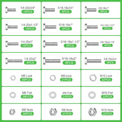 328 Pcs 1/4-20,5/16-18,3/8-16 Stainless Steel Metric Hex Head Screw Kit - size: 1/4,5/16,3/8-328Pcs