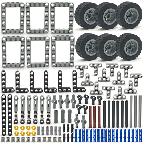 Technical Parts 6 Wheels Trailer Car Suspension Accessories with Tires 18.9x1.8 Inch MOC Parts Building Blocks DIY Replacement Spare Tech Kit Compatible with Major Brands