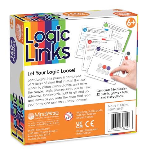 MindWare Logic Links Puzzle Games - Brain Teaser Puzzles for Kids and Brain Games for Adults - 166 Challenging Brain Puzzles, 32 Game Chips - Ages 6+